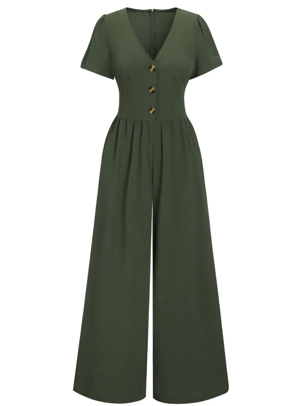 Clearance Retro Stage 1940s V-Neck Solid Jumpsuit Green