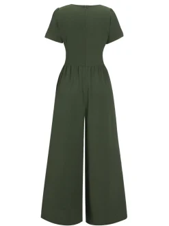Clearance Retro Stage 1940s V-Neck Solid Jumpsuit Green