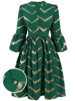 Clearance Retro Stage 1970s V-Neck Stripes Flare Sleeve Dress Green
