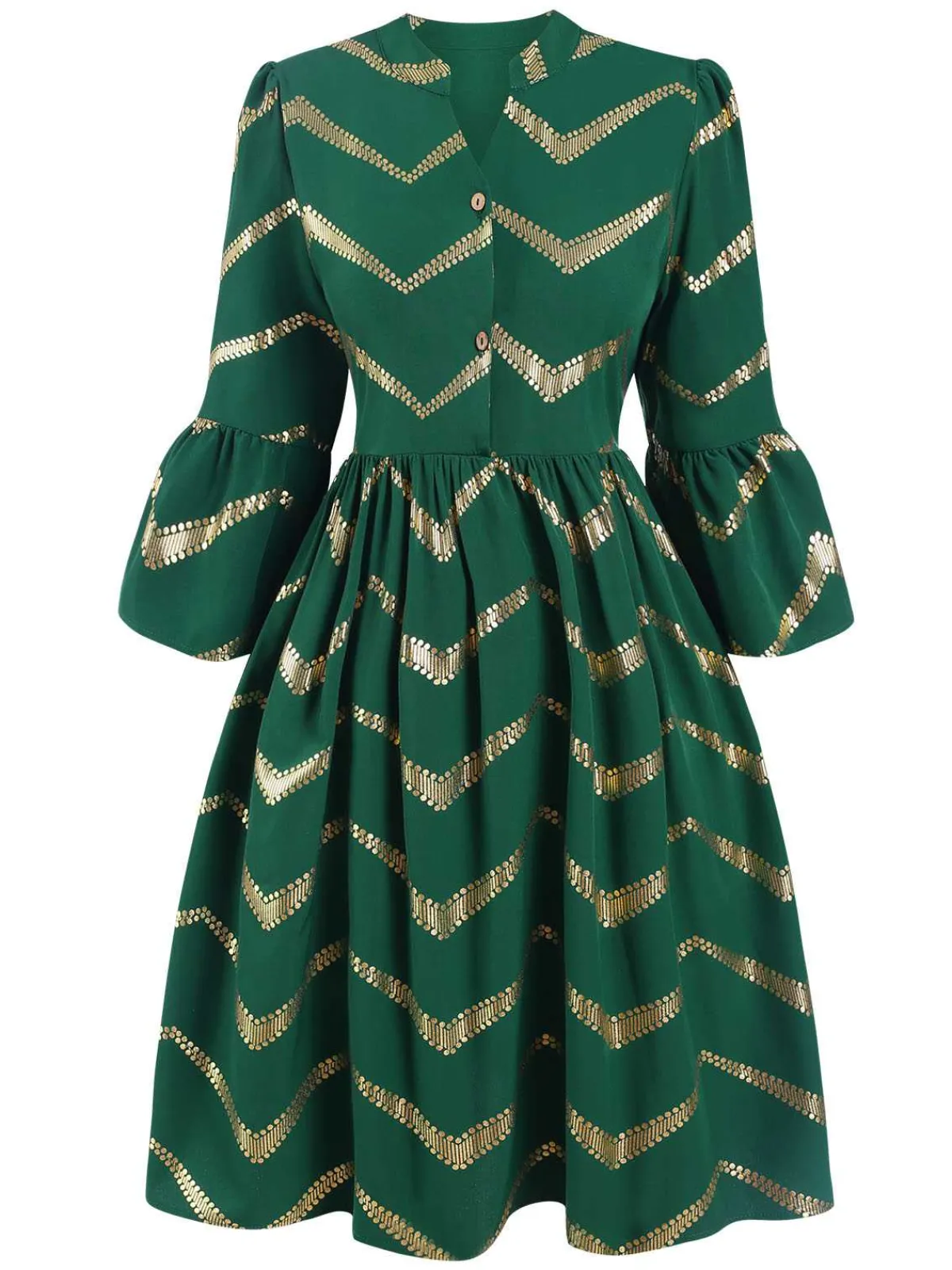 Clearance Retro Stage 1970s V-Neck Stripes Flare Sleeve Dress Green