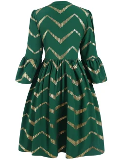 Clearance Retro Stage 1970s V-Neck Stripes Flare Sleeve Dress Green