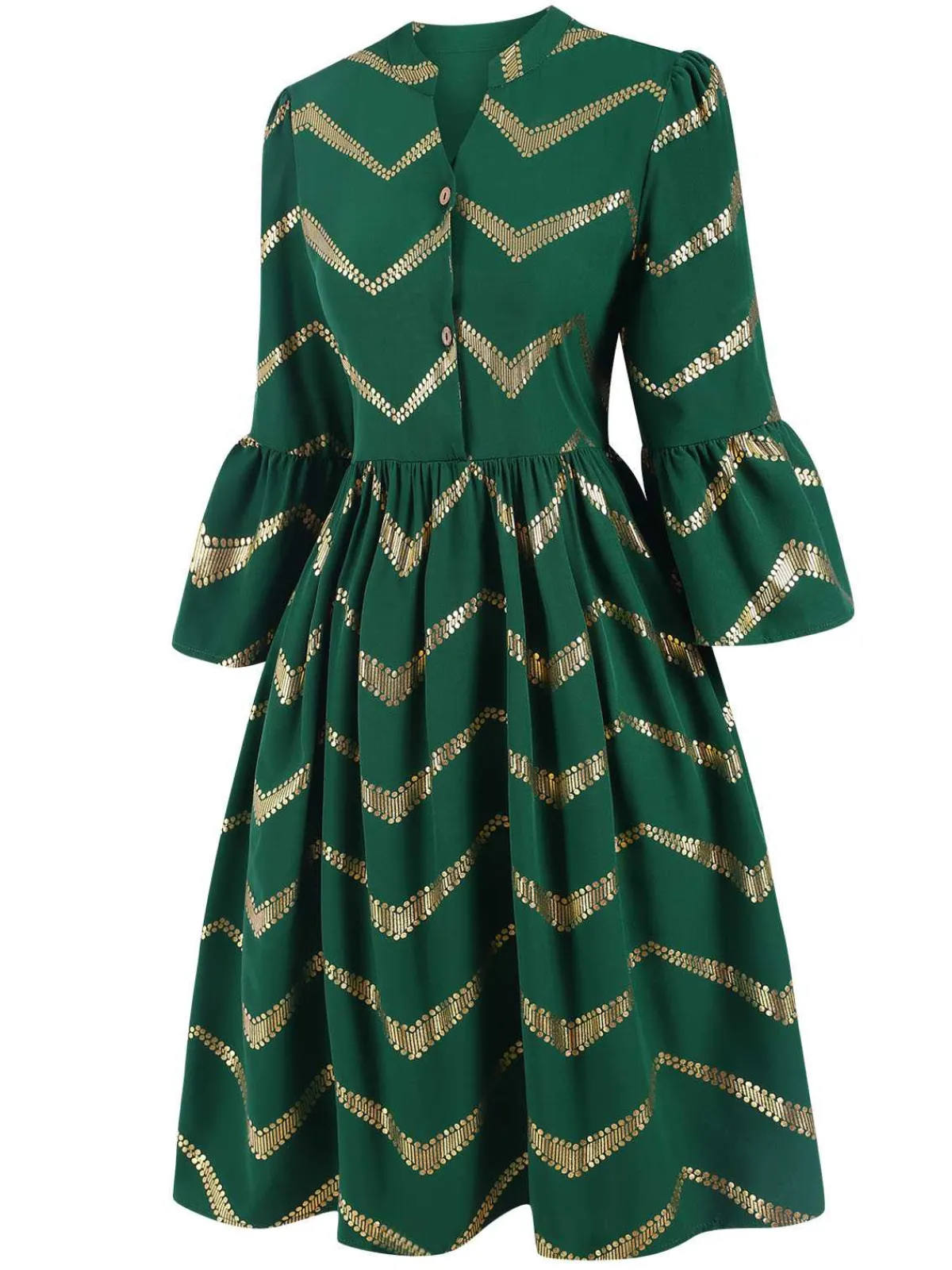 Clearance Retro Stage 1970s V-Neck Stripes Flare Sleeve Dress Green