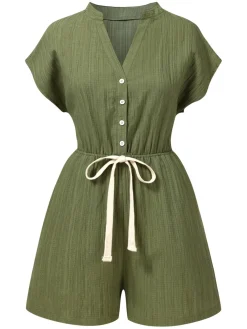 Clearance Retro Stage 1950s V-Neck Textured Pocket Romper Green