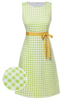 Best Retro Stage 1960s Waist Tie Gingham Mod Dress Green