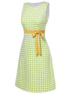Best Retro Stage 1960s Waist Tie Gingham Mod Dress Green