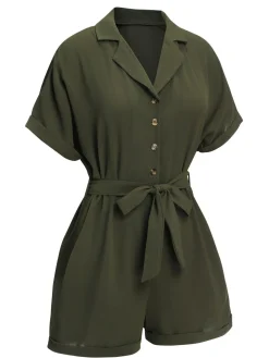 Fashion Retro Stage 1950s Waist Tie Lapel Romper Green