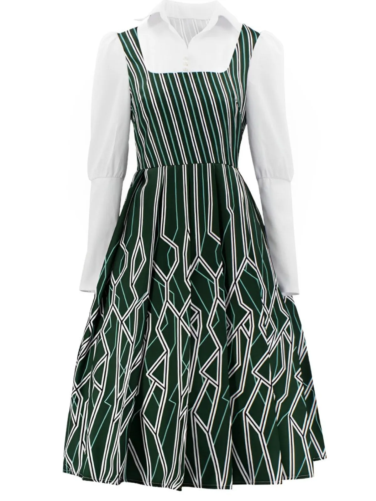 New Retro Stage 1960s Wicked Irregular Stripes Patchwork Dress Green
