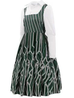 New Retro Stage 1960s Wicked Irregular Stripes Patchwork Dress Green