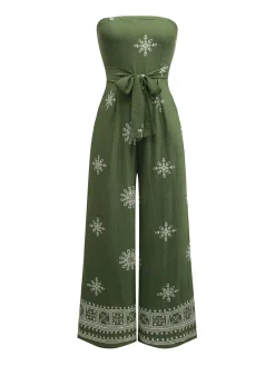 Sale Retro Stage 1970s Wide-Legs Bohemian Bandeau Jumpsuit Green