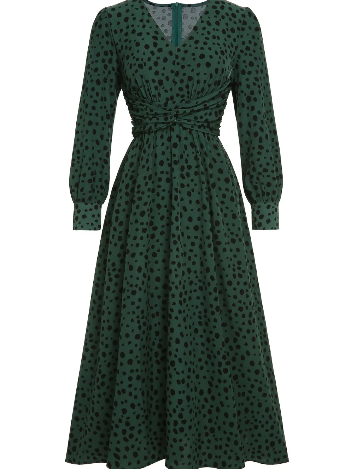 Sale Retro Stage V-Neck Leopard A-Line Dress Green