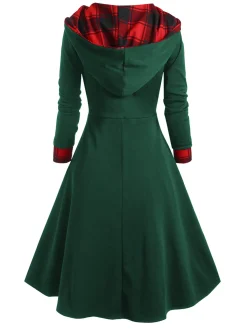 Best Retro Stage Green&Red 1950s Christmas Plaids Hooded Dress