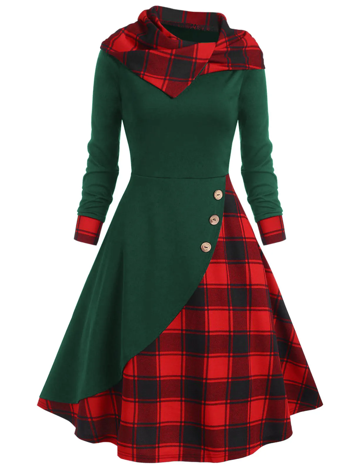 Best Retro Stage Green&Red 1950s Christmas Plaids Hooded Dress