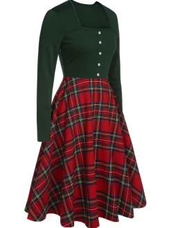 Discount Retro Stage 1950s Square Neck Plaids Long Sleeve Dress Green&Red