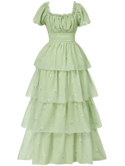 New Retro Stage 1970s Tiered Floral Maxi Dress Grey Green