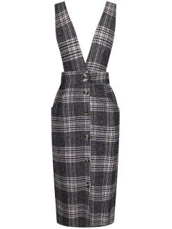 Online Retro Stage 1960s Button Plaid Pinafore Dress Grey