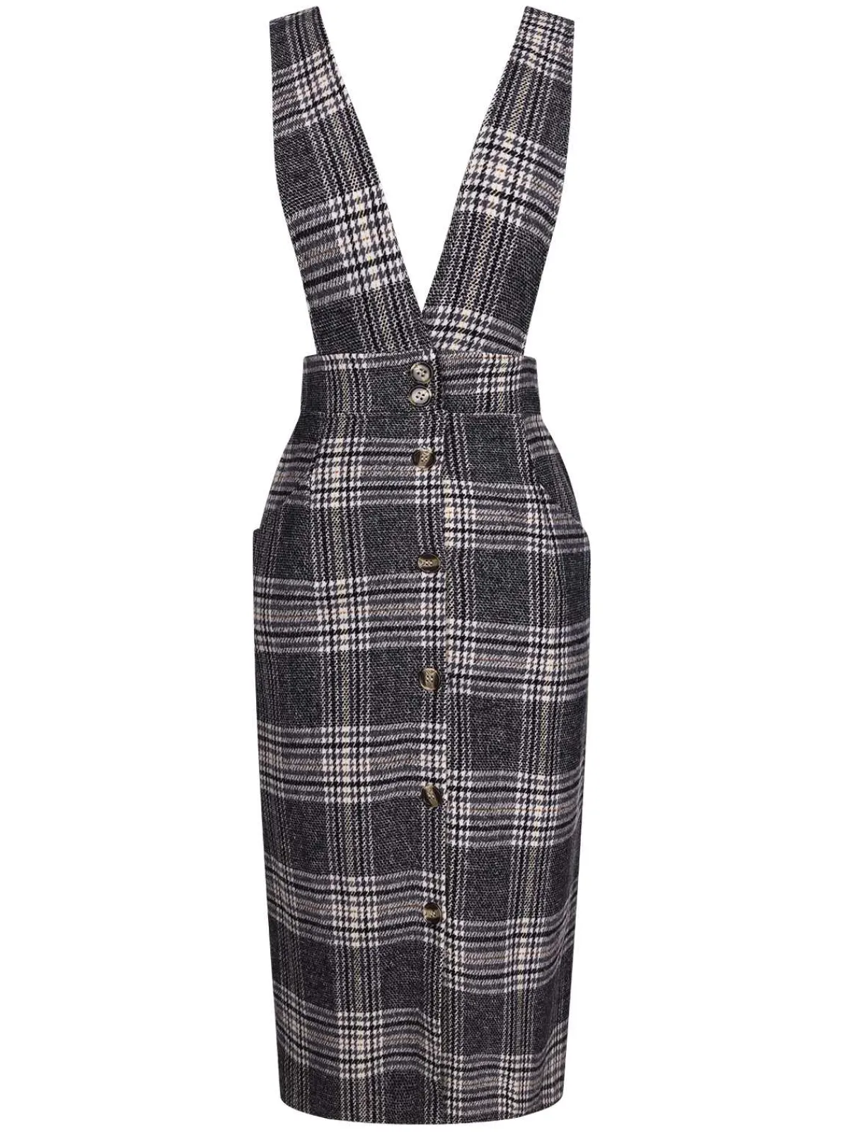 Online Retro Stage 1960s Button Plaid Pinafore Dress Grey