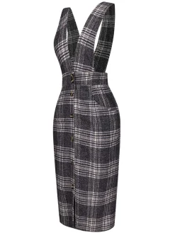 Online Retro Stage 1960s Button Plaid Pinafore Dress Grey