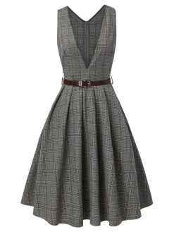 Online Retro Stage 1940s Deep V-Neck Glen Plaid Dress Grey