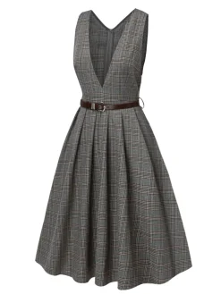 Online Retro Stage 1940s Deep V-Neck Glen Plaid Dress Grey