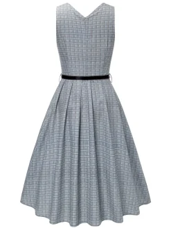 Online Retro Stage 1940s Deep V-Neck Glen Plaid Dress Grey