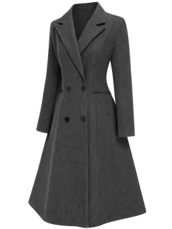 Clearance Retro Stage 1940s Notched Lapel Faux Wool Long Coat Grey