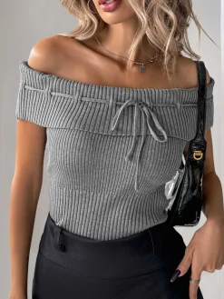 Best Retro Stage 1950s Off-Shoulder Knitted Top Grey