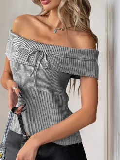 Best Retro Stage 1950s Off-Shoulder Knitted Top Grey