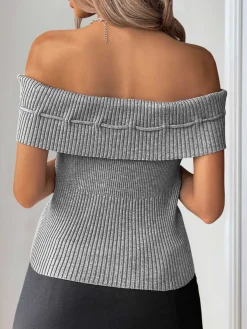 Best Retro Stage 1950s Off-Shoulder Knitted Top Grey