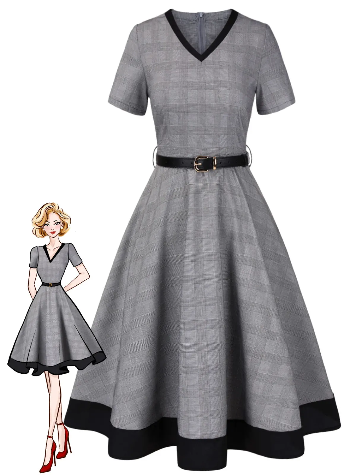 Fashion Retro Stage 1950s Plaid V-Neck Belted Dress Grey