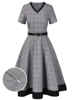 Fashion Retro Stage 1950s Plaid V-Neck Belted Dress Grey