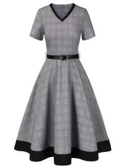 Fashion Retro Stage 1950s Plaid V-Neck Belted Dress Grey