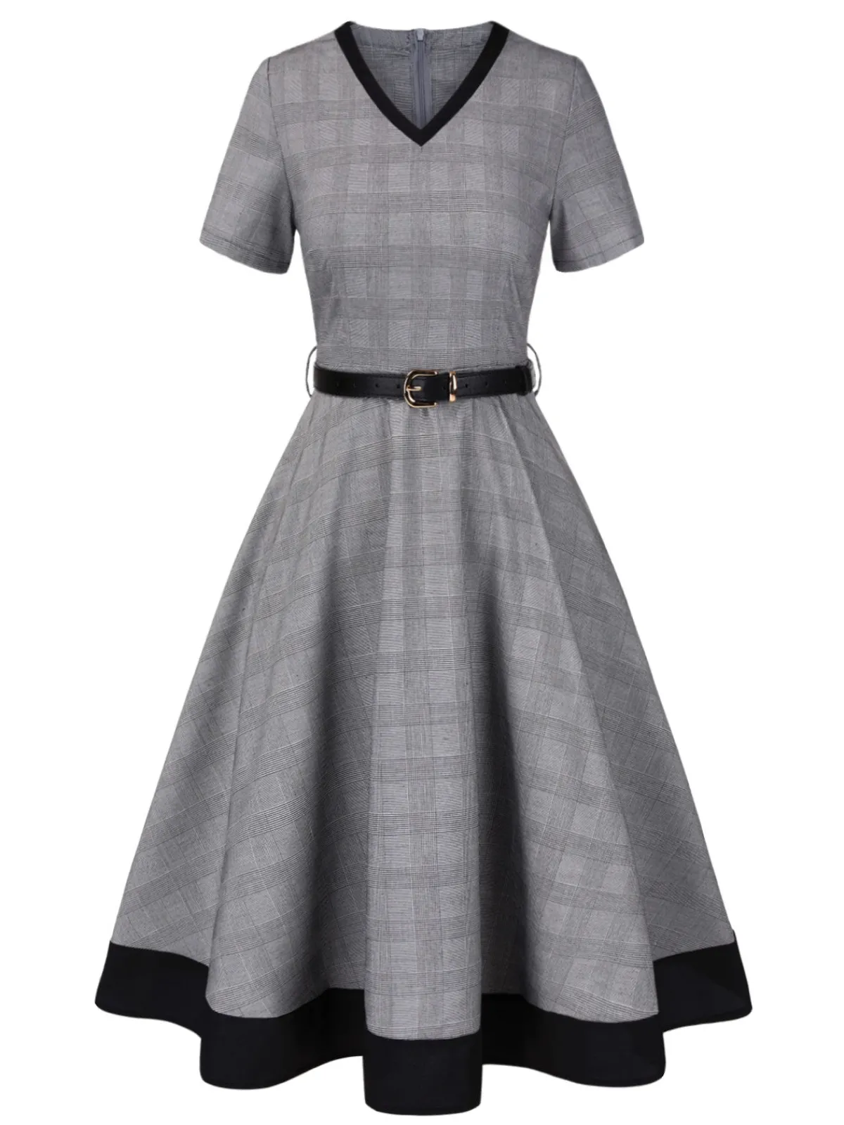 Fashion Retro Stage 1950s Plaid V-Neck Belted Dress Grey