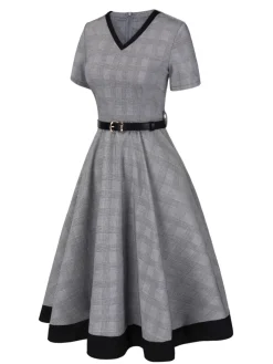 Fashion Retro Stage 1950s Plaid V-Neck Belted Dress Grey