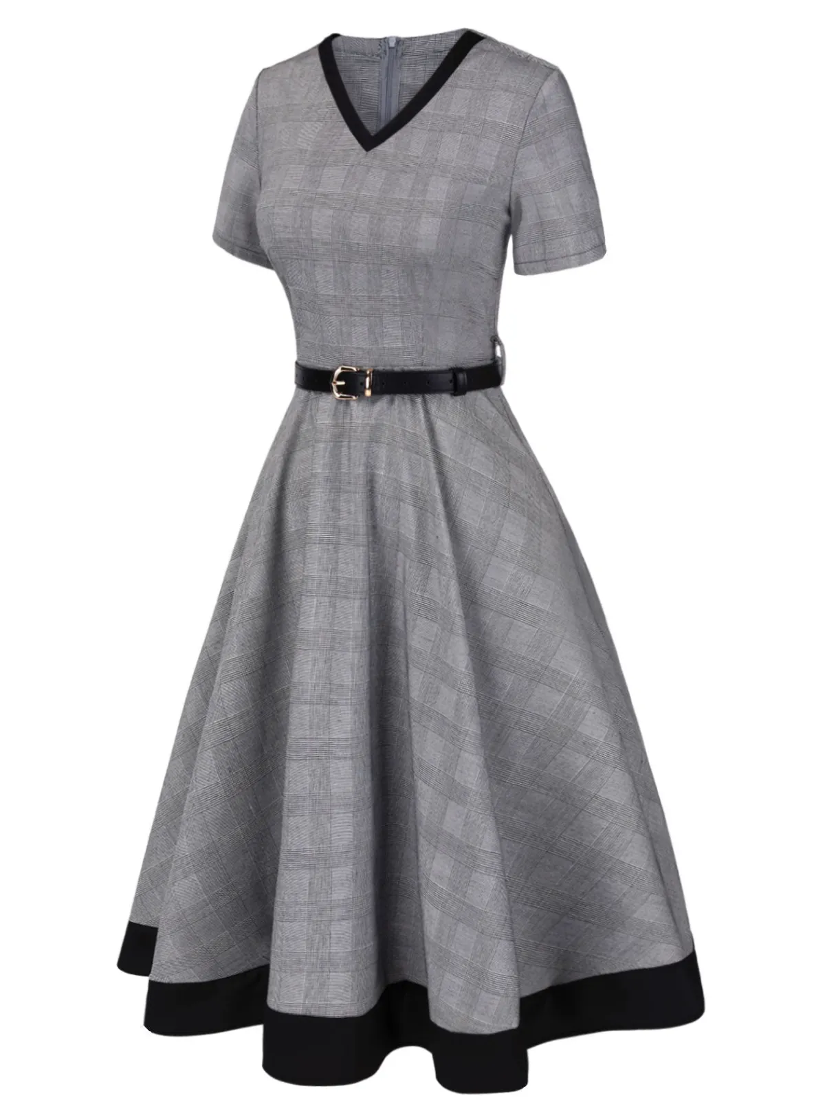 Fashion Retro Stage 1950s Plaid V-Neck Belted Dress Grey
