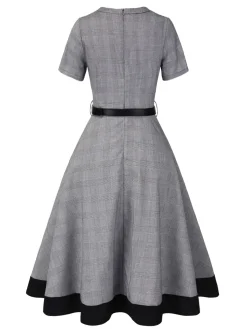 Fashion Retro Stage 1950s Plaid V-Neck Belted Dress Grey