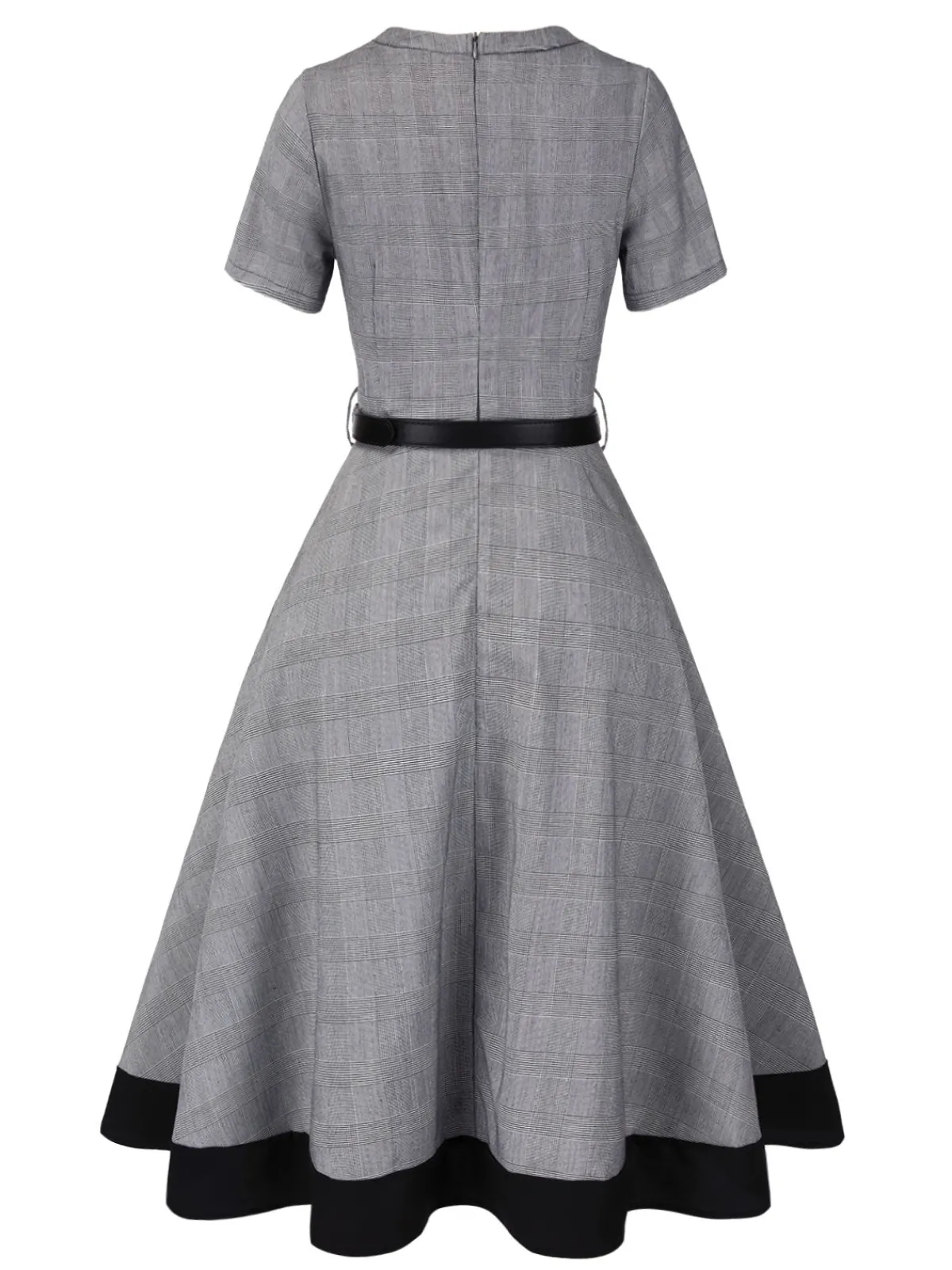 Fashion Retro Stage 1950s Plaid V-Neck Belted Dress Grey