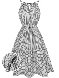 Sale Retro Stage 1940s Striped Pleated Belt Dress Grey