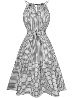 Sale Retro Stage 1940s Striped Pleated Belt Dress Grey