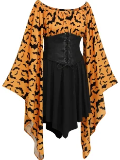 Online Retro Stage Halloween Gothic Bat Empire Waist Dress Orange & Black