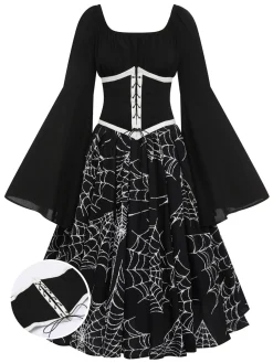 Online Retro Stage Halloween Gothic Spider Web Swing Dress Black