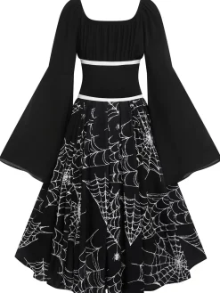 Online Retro Stage Halloween Gothic Spider Web Swing Dress Black