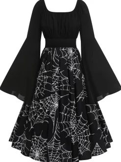 Online Retro Stage Halloween Gothic Spider Web Swing Dress Black