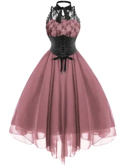 Online Retro Stage Halloween Gothic Steampunk Lace Dress Lotus Pink