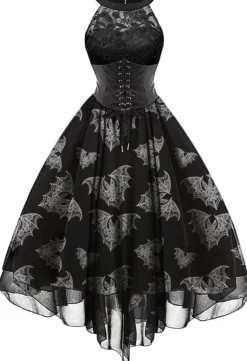 Online Retro Stage Halloween Gothic Steampunk Lace Dress Black