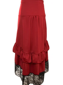 Fashion Retro Stage Halloween Solid Lace Gothic Ruffle Skirt Wine Red