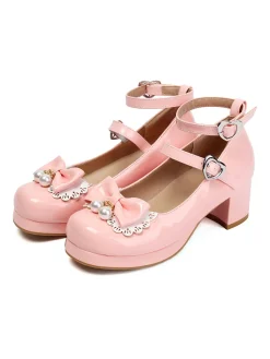 Sale Retro Stage Heart Pearl Bow Mary Jane Heels