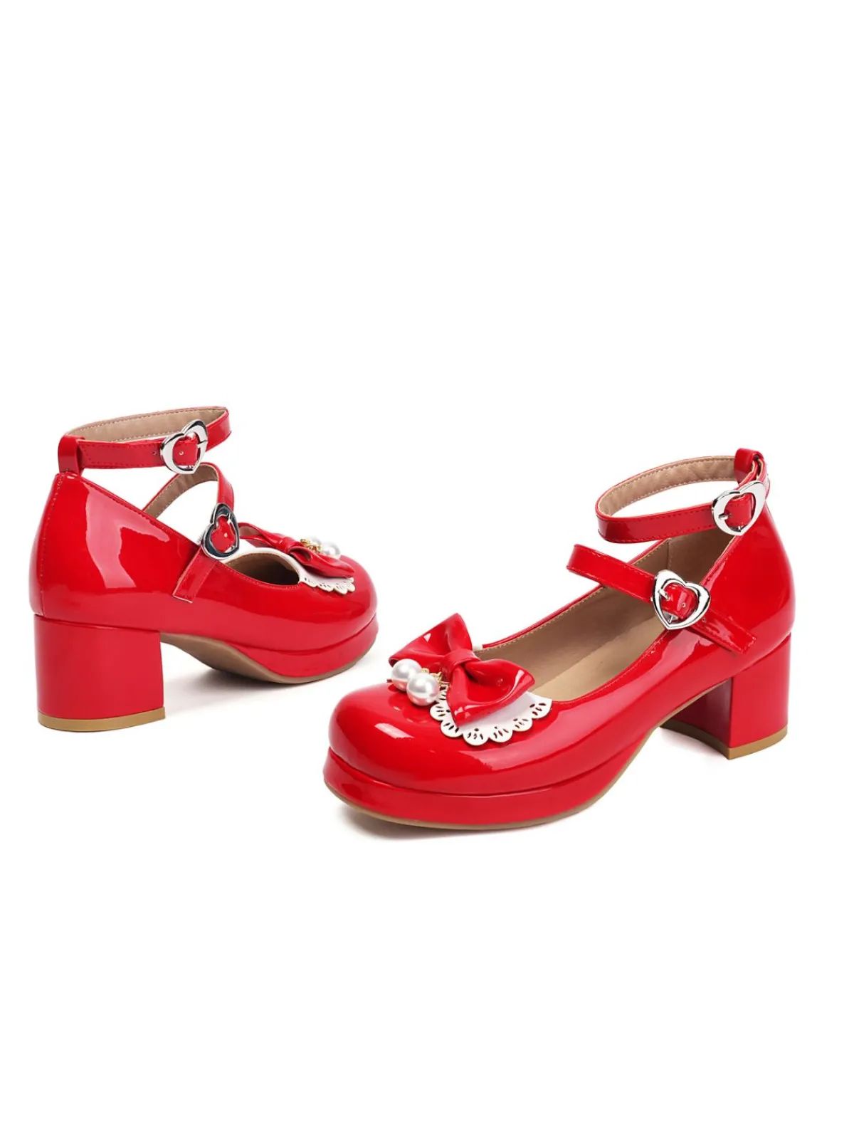 Sale Retro Stage Heart Pearl Bow Mary Jane Heels