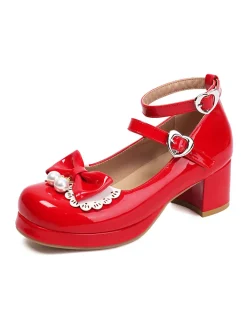 Sale Retro Stage Heart Pearl Bow Mary Jane Heels