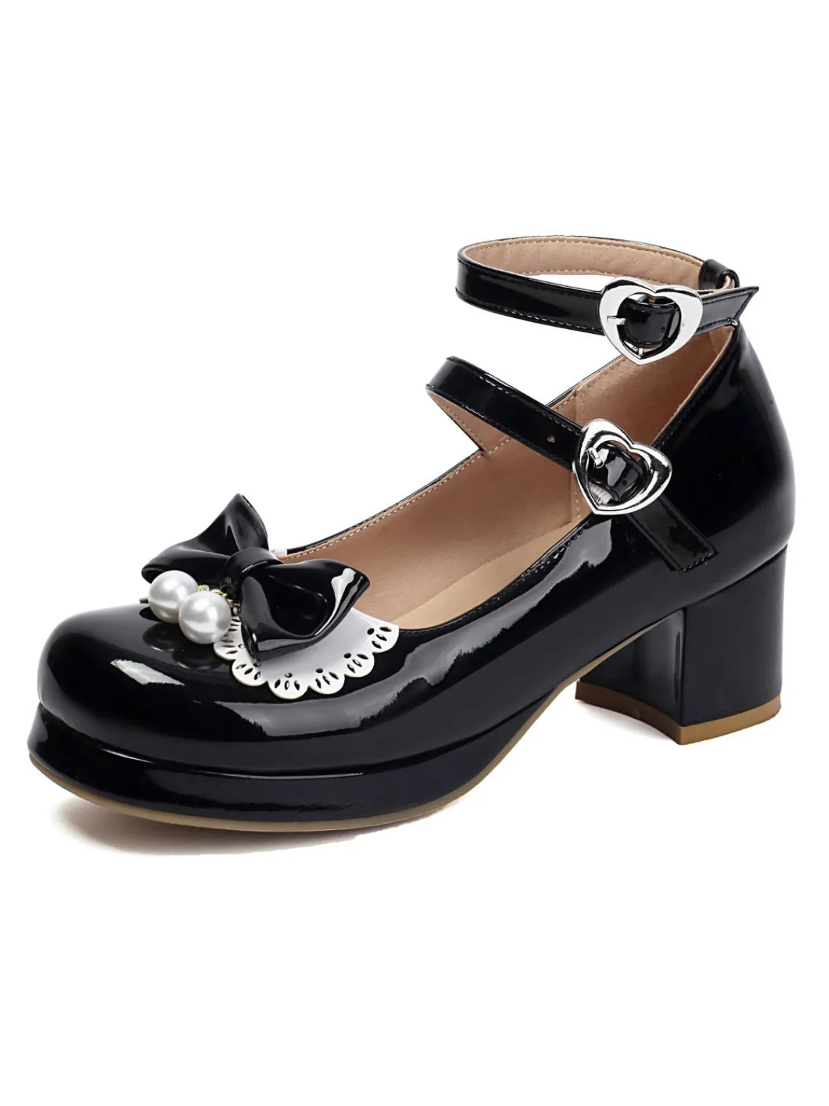Sale Retro Stage Heart Pearl Bow Mary Jane Heels