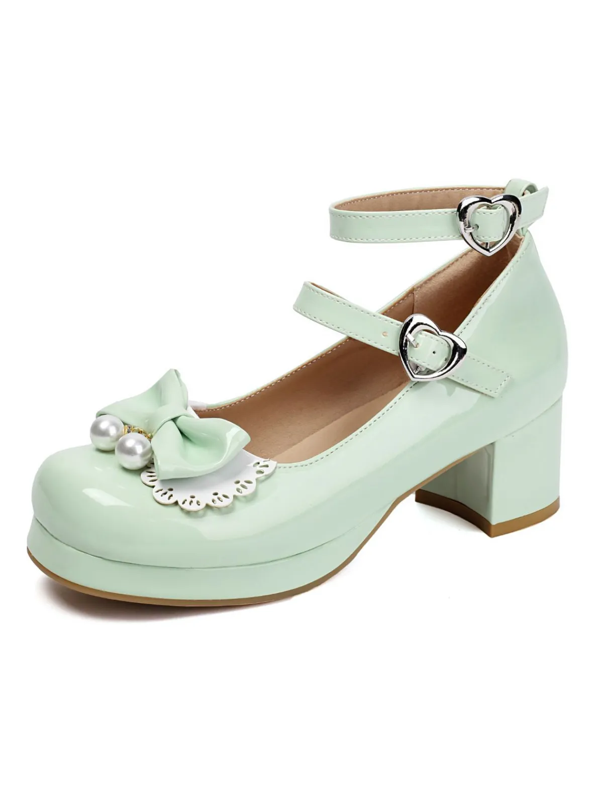 Sale Retro Stage Heart Pearl Bow Mary Jane Heels